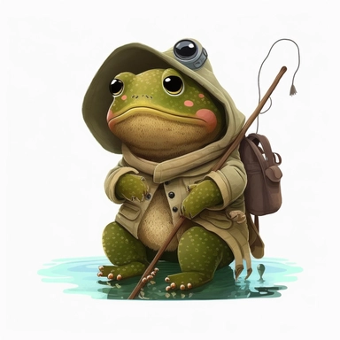 Clipart Cottagecore Frog wear a fisherman suit and fishing in the river, isolated white color background, 8k