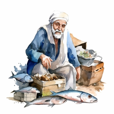 an happy old man selling fish in the market, ancient egipht, clipart, watercolor, no lettering, no image noise, white background