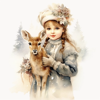 Christmas mood, winter, victorian vintage adorable little girl with deer, full body, pastel beige colors, clipart style, watercolor technique, super high quality, professional watercolor clipart, high resolution