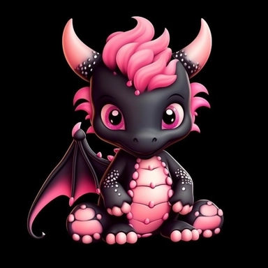 cute cartoon black and pink dragon clipart, black background,--no cut off edges