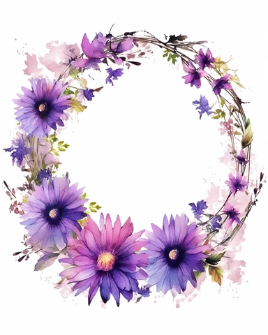 detailed vibrant watercolor attractive purple aster flower wreath with very wide middle white space , isolated on white background, realistic, clipart