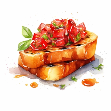 Bruschetta: Grilled bread topped with tomatoes, garlic, and basil , watercolor clipart, transparent white background, food photography, soft cinematic lights, juicy, bright, high quality, ultra detailed, 32k