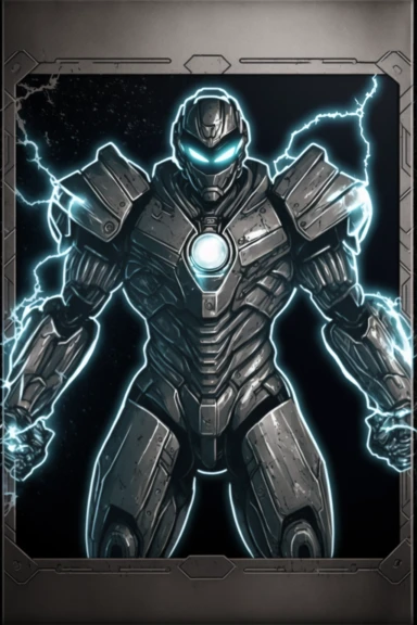 grungy metallic Flat coloured card design of a symmetric thick silver chain link icon cardback , cartoony clipart card design, Logo, glowing Gundam visor magic spell icon, little-flat Graphic Design , grey metal grid background