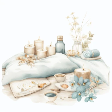 watercolor, hyper realistic, white background, white margins, 16k, ultra detailed clipart, cut out image, hand-drawn, whimsical a luxurious spa scene with a massage table, aromatic candles, and soothing elements like stones and flowers. Tranquil Blue and Soft Sandy Beige