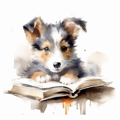 A cute puppy reading a book, watercolor painting by Thomas W. Schaller, clipart, white background