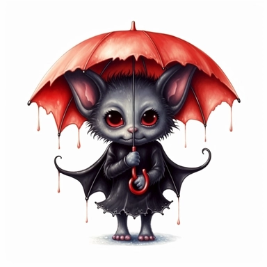 Cute Adorable magical little Devil with black wings holds a umbrella in his hand and wears a raincape and stand in the rain on a country road, clipart, photorealistic illustration, watercolor, high detail, 8k polished, 8k, vibrant colors, sticker, majestic, die cut, Black and Red color, white background