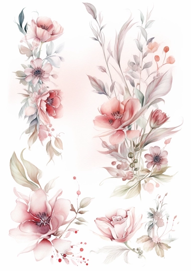 multiple floral floral ornaments clipart are shown on a white background, in the style of delicate washes, soft femininity, southern countryside, high resolution, flowing fabrics, lovely, delicate touch