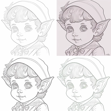 clip art coloring book page for toddler. four different images of an Elf. white background. simple line drawing. very low detail.