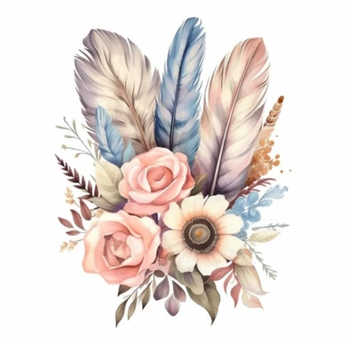Create an auto sticker that takes viewers on a journey into a dreamy landscape filled with boho feathers and enchanting watercolor floral clipart bouquets. Let the soft and ethereal elements blend together, transporting observers to a world where imagination knows no bounds.