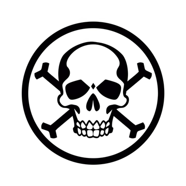 black and white silhouette of a skull and crossbones logo, clipart style, white background, thick lines, vector, simple design, flat colour, solid colour