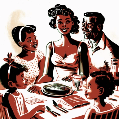 midcentury sketch clipart of family eating dinner at the table, everyone happy and smiling, the father is black, the mother is white, and the children are mixed race with curly hair