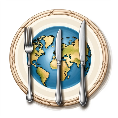 clip art, front cover art, world cooking, globe on plate, fork and knife, simple, clip art