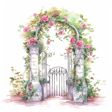 watercolor, hyper realistic, white background, white margins, 16k, ultra detailed clipart, cut out image, hand-drawn, whimsical manhwa style, ultra HD, sharp and clean art n ornate garden gate adorned with climbing roses, inviting viewers to enter the magical rose gardenSoft Pink and Emerald Green - Create a romantic and enchanting atmosphere with a color scheme consisting of soft pink shades for the roses and lush emerald green for the foliage
