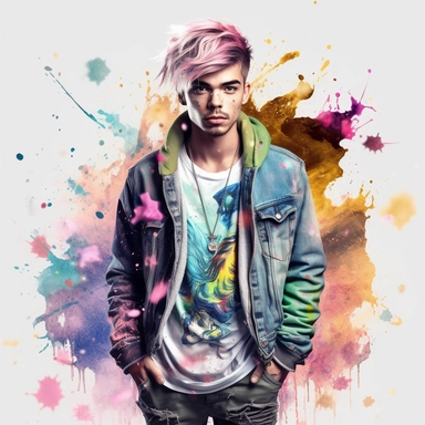 idyllic young man multicolor hair, fashion model, looking in the camera, eye contact, full body, fairytale dreamlike, clipart with watercolor splash background, with transparent background, hyper realistic, professional photography, super detailed