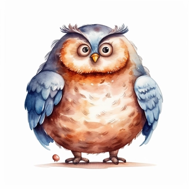 fat owl cartoon style clipart, white background, watercolor drawing