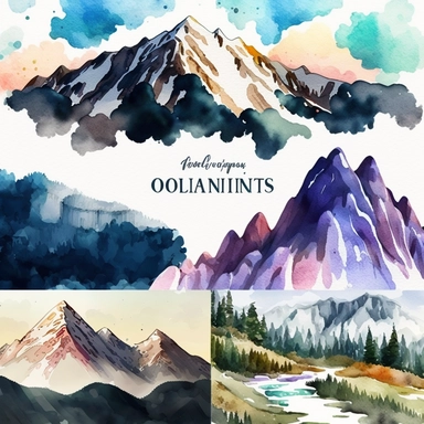 watercolor clipart Mountains High in Russia, Japan and Asia landscapes, digital illustration, 8k, hd 16:9 v5