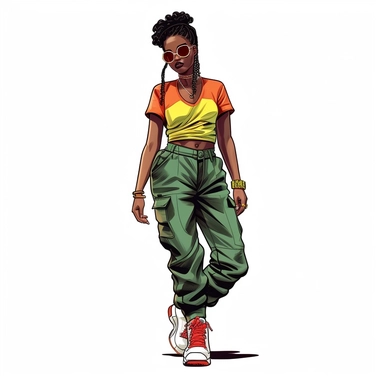 sartoon illustration of a cute black woman, standing in front of a blueprint, wearing nike air jordan shoes, wearing a green, yellow and red fly 90s outfit, large hoop earrings, sunglasses, clipart, white background