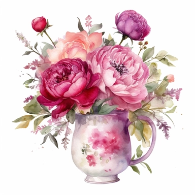 elegant watercolor small arrangement of 1 bright and dark pink General MacMahon peony with carnations, roses, ranunculus and astrantia on a small jug clipart, hd, on white background