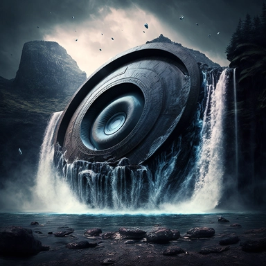 High definition disk shaped ufo crash landed on waterfall clipart