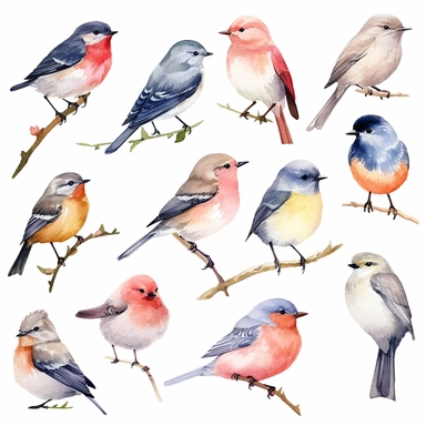 watercolor, cute birds clipart, white background, high resolution, Fine details