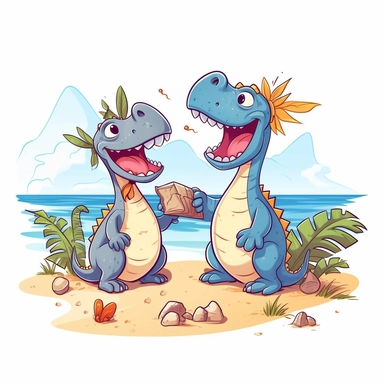 a foolish and cute dinosaurs having fun at the beach , clipart style, white bg