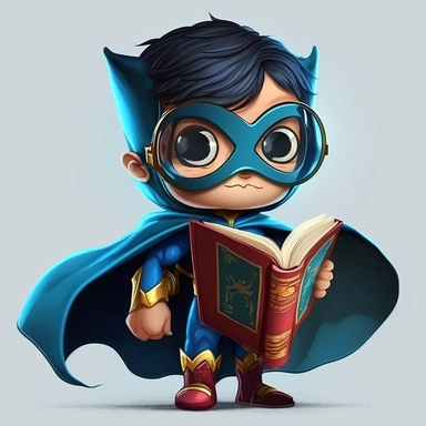 full body happy, smiley and cute little superhero boy with eye mask and cape, looking directly at the camera, with a book in his hand, in clipart style