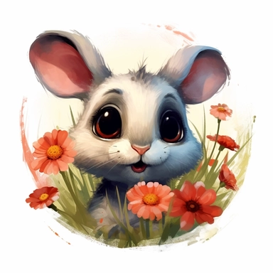 Cuddly Bunny Clipart nestled inside a blooming flower with a friendly ladybug on its nose in the style of oil painting, on a white background