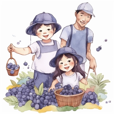 clip art of an asian baby girl and her dad are harvesting fresh blueberry with basket, crayon colouring, in the style of illustrator Ashley Bryan, smilecore, soggy, sticker set, ready-made objects, loose paint application, white background, embroidery