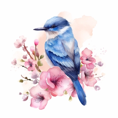 A watercolor illustration of a blue bird on a branch of pink flowers clipart, in the style of instant film, frieke janssens, adrianus eversen, pictorial fabrics, cute and dreamy, cherry blossoms, uhd image on white background