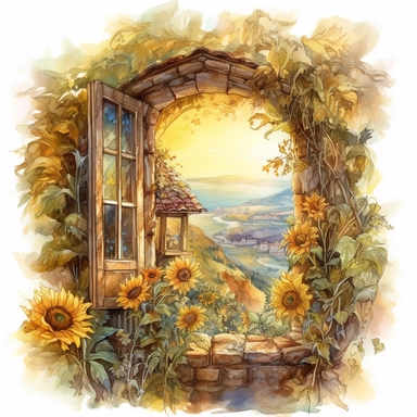 isolated on white illustration watercolor art of a rustic window from inside the fairy house, the window shows the landscape from the garden with sunflowers and a road going into the mountains, a lot of sunflowers, masterpiece by Hans Zatzka style and by Josephine Wall style and by Alexander Jansson style and by Ivan Fedorovich Choultse style, Art Nouveau Architecture, PNG clipart, isolated on white, extreme photorealistic details, 32k HD resolution, realistic high detailization high resolution