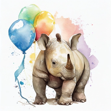 Safari Baby Animal Watercolor Clipart, Cute Baby Rhino, Cute Jungle Animal, Birthday Baby Rhino, colorful balloons, no image noise, no lettering, hyperdetail, maximum detail