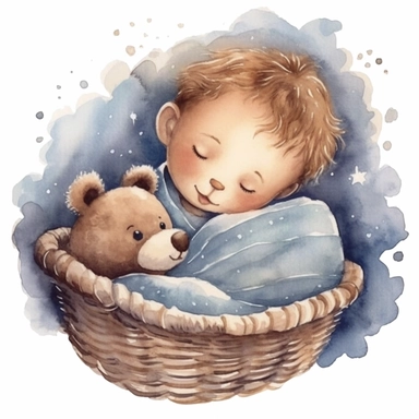 cute and adorable clipart of baby sleeping in a basket with a cute teddy bear, watercolor, hq, clearly defined images--q2--v5--s1000 -