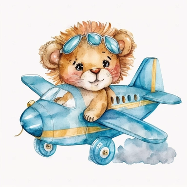 Baby Lion on the blue aeroplane Watercolor Clipart, white background
