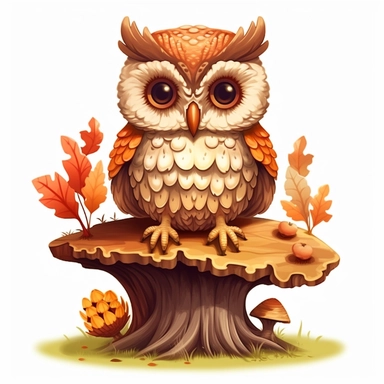 a beautiful cartoon owl sitting mushrooms, 70's style, CLIPART, WHITE BACKGROUND, in the style of felicia simion, natural colors, brown, tan, earth tones, neutrals, natural owl colors, gradients, ian miller, #screenshotsaturday, pattern-based painting, bess hamiti, white background,