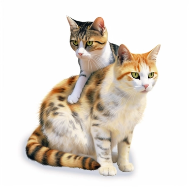 baby cat on back of adult female cat, clipart, bright colors, sty6le of Cecily Mary Barker, isolated white background