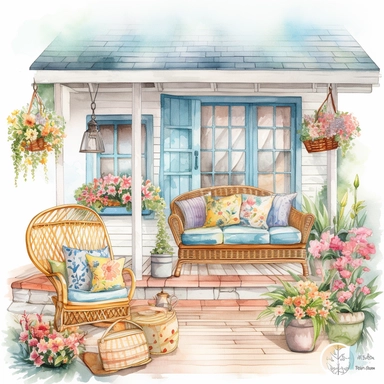 Watercolour clipart of a cozy and inviting cottage porch in the summertime, perfect for sipping lemonade and enjoying the warm weather. white background, The cottage is adorned with blooming flowers, hanging baskets, and charming decor, all painted in soft and warm hues to give a truly cozy and welcoming feeling. The porch has a comfortable seating area, complete with a rocking chair and fluffy cushions, as well as a cute little table to hold a vase of freshly picked flowers, png, 8k
