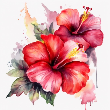 watercolor Hibiscus - Hibiscus flowers are large and colorful, with petals that come in shades of pink, red, and yellow. They are often used in tropical-themed decor and are associated with warm weather and sunny days. vividly bold designs png Full body realistic cartoon in 32K UHD cute. 15 cm thick outline. Black color. There was no shadow on the ground. 8k with realistic watercolors. and detailed illustrations. PNG clipart, transparent white background