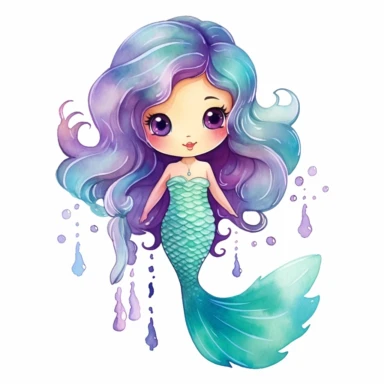 Watercolor pastel baby mermaid, full mermaid with tail, dreamy style clipart on a white background in the style of kawaii sticker art, hand-drawn, storybook illustration, colored line art, colored outlines, queencore design, ombre, cool tones: colored line art, colored outlines, iridescent ombre, gradient shading, cool tone, plain white background, svg clipart