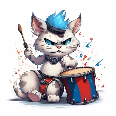 cartoon clipart design in disney style, drummer cat, white background