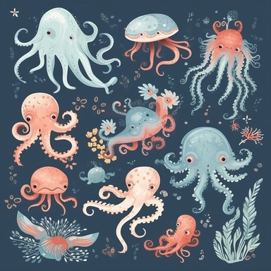Octopus Clipart Cute Octopus, Sea Creature, Ocean Animals, Kids Sea Creatures, Octopus Nursery Decor, with blue air bubbles and sea anemones and sea plants