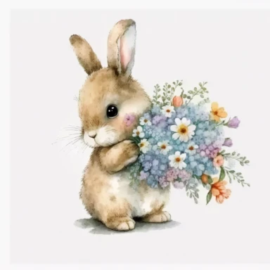 Watercolor Little bunny holding colorful flowers clipart, High Quality, white background