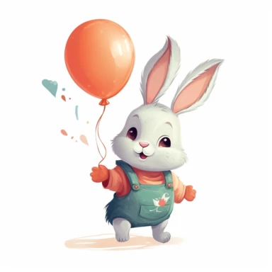 cute bunny character holding balloon in his paw and flying on it, no background, kids style, 2D, vector, good quality, Pixar children's book illustration, vector, cartoon character, hand drawn, clipart