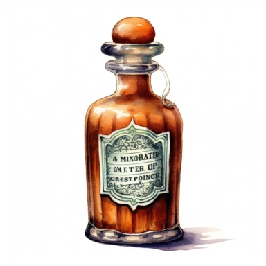 watercolor, hyper realistic, white background, white margins, 16k, ultra detailed clipart, cut out image, hand-drawn a classic apothecary bottle with a glass stopper, labeled with intricate typography and adorned with a label or seal. Use a warm and rich color scheme inspired by vintage medicine bottles, with shades of deep amber, antique brown, and subtle hints of gold.
