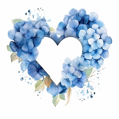 one watercolor heart shaped flower frame beautiful hydrangea clipart on a white background, in the style of dark blue and light blue, elaborate borders, hyper-realistic water, handcrafted designs, water and land fusion, dark sky-blue and light beige, water drops, no watermark, text, 300 DPI , typography, shapes do not stick together, no text in the picture, on a white background