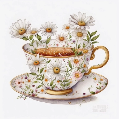 vintage teacup, daisies inside, glitter around, white, gold, glitter, fantasy, realistic illustration, watercolor, by Dinara Mirtalipova, by Disney, by rifle paper co, bright and airy Colors, concept art, white background, clipart