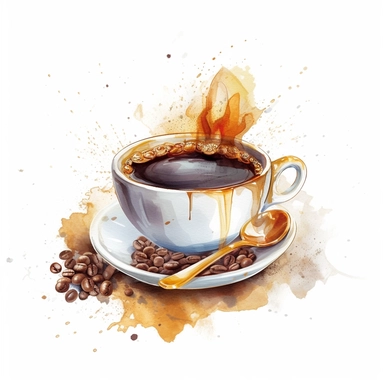 illustration of a cup of coffee, crisp, add embeliishments like tables spoons steam, beautiful, artistic, coffee, clipart, isolated on white background