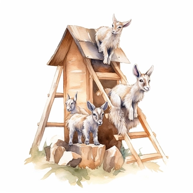 baby dwarf Nigerian goats playing on the A-frame, very detailed and realistic, watercolor, white background with margins, clipart style