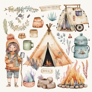 Watercolor boho camping illustrations clipart set, simple, soft colors, cartoon elements, different variants, cute little boy, tent, campervan, camping related items, pots, bonfire, , separate elements with a margin