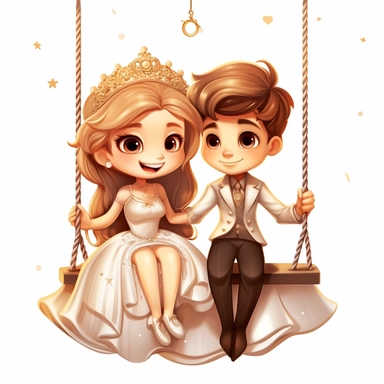 Cute Beautiful Happy Face Couple Prince ANd Princess sit on a swing Sublimation Clipart ,Cartoon,hyper realistic, intricate detail, illustration style,high solution,on the white background