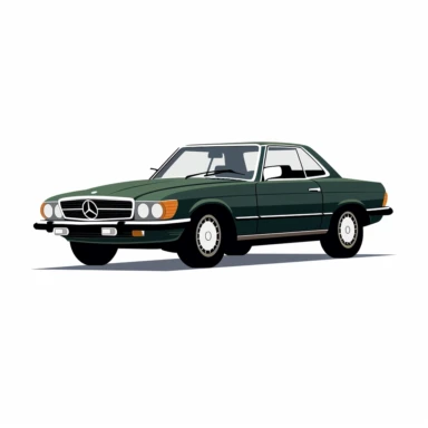 A simplified, clipart-style representation of the 1975 Mercedes-Benz 450SL in 3/4 front view, captured in its striking forest green. The vehicle's iconic rounded shape and signature hardtop are elegantly represented through basic geometric shapes. Set against a crisp, white background, the car's vibrant color and classic silhouette are showcased.